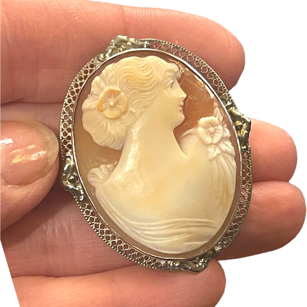 Vintage Mid Century Carved Shell Cameo Large Silver Brooch Victorian Lady